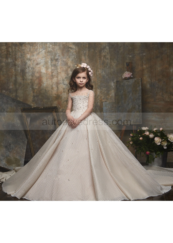 Pearl Beaded Lattice Lace Tulle Floor Length Flower Girl Dress